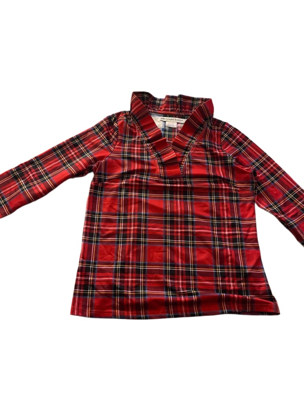 Gretchen Scott Red Plaid Ruff Neck Top | 3/4 Sleeve Preppy Blouse Size Large - Picture 7 of 9